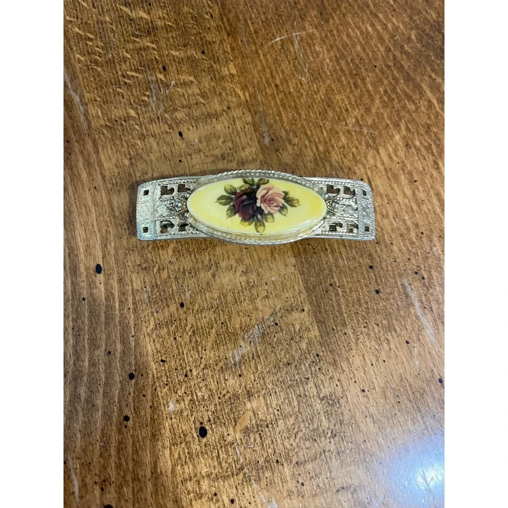 Vintage Made in France‎ Floral Rose Gold Tone Filigree Barrette Hair Clip Yellow
